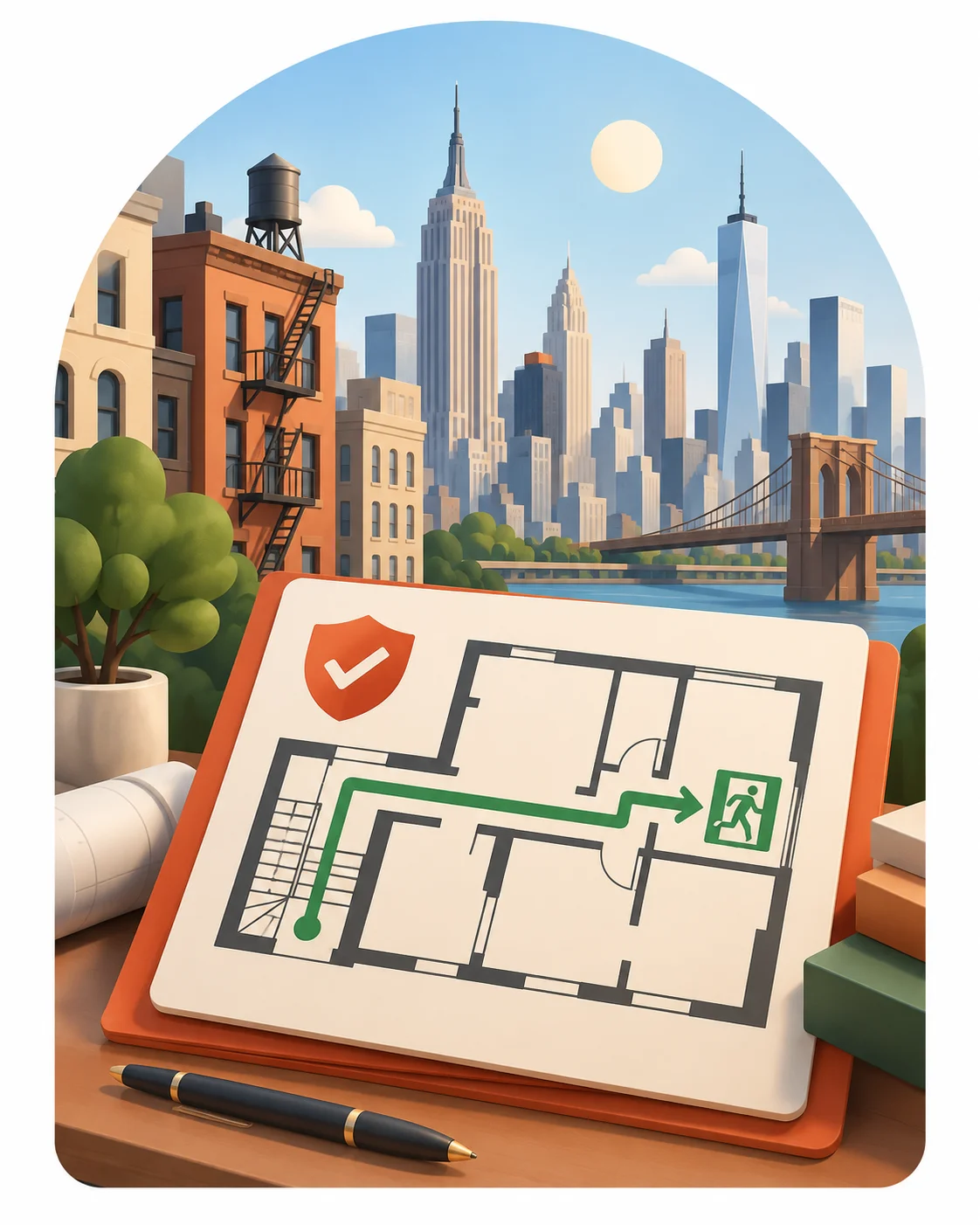 Original illustration of NYC buildings and a safety plan